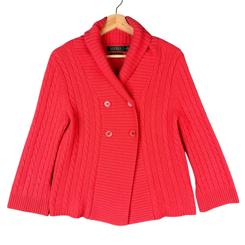 Lauren Ralph Lauren 100% Cashmere Red Cable Knit Double Breasted Cardigan M